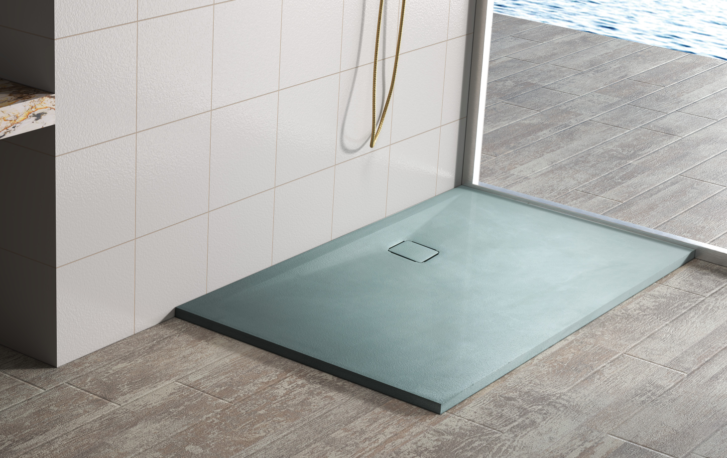 Textured shower tray used in an open shower area