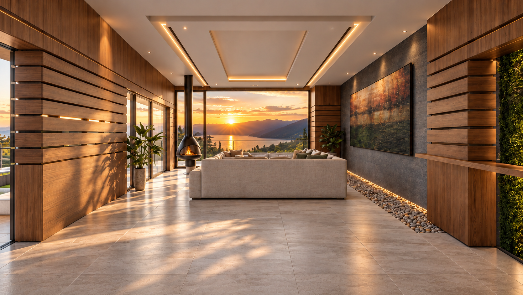 Golden-hour private lounge overlooking Okanagan Lake, with suspended fireplace and concealed television