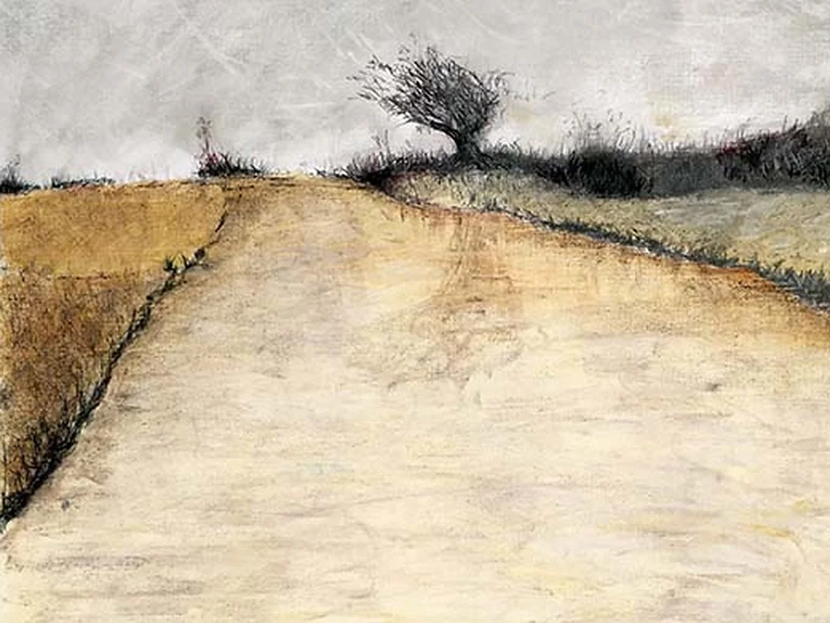 Detail of Outskirts, a Frank Argento landscape of an ochre country road and a lone windswept tree at the edge of town