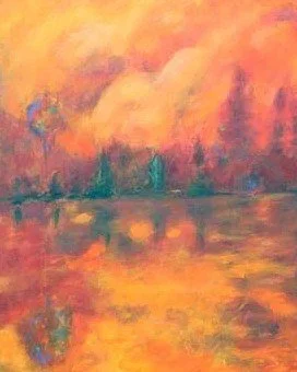 Warm Morning, a Frank Argento landscape of a lake glowing in orange and red autumn light (detail view)