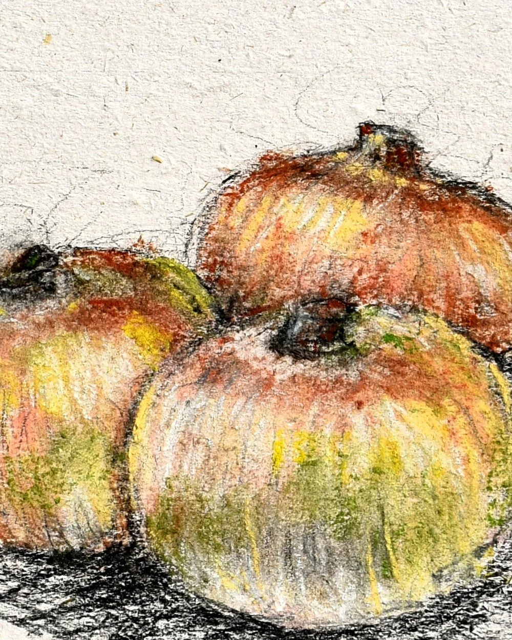 Onions (detail view), close-up of Frank Argento's Harvest Table canvas: onions drawn in warm ochre and rust