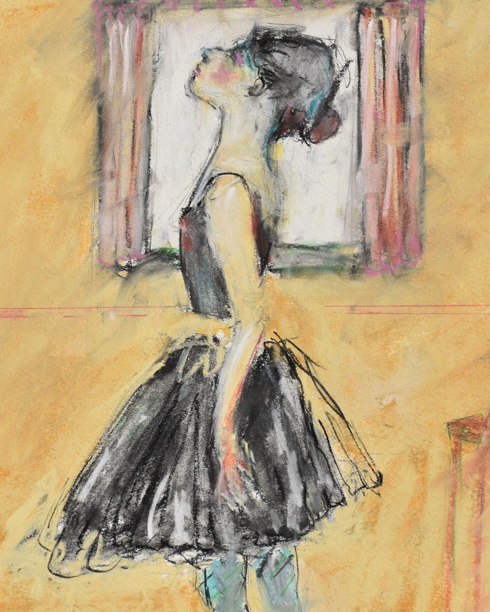 Close-up of Frank Argento’s pastel Dancer after Modigliani: a ballerina in a black tutu, head tilted back, before a curtained window on an ochre wall (detail view)