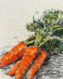 Carrots (detail view), close-up of Frank Argento's Harvest Table canvas: a bunch of orange carrots with green tops