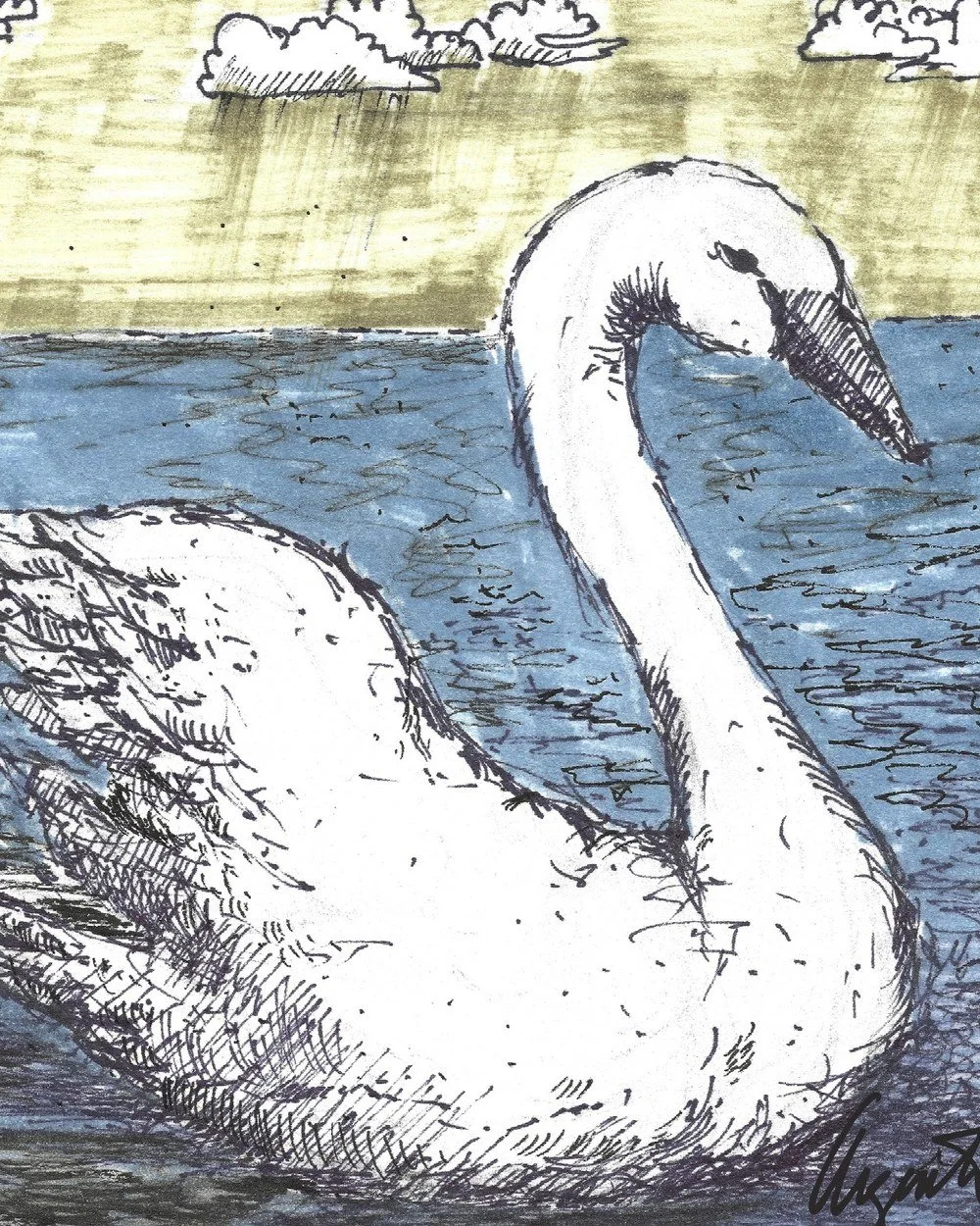 Close-up of Frank Argento’s Farm Series white swan gliding on blue water beneath an ochre sky (detail view)