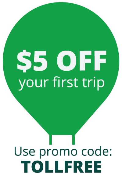 Image offering $5 off your first trip with promo code TOLLFREE