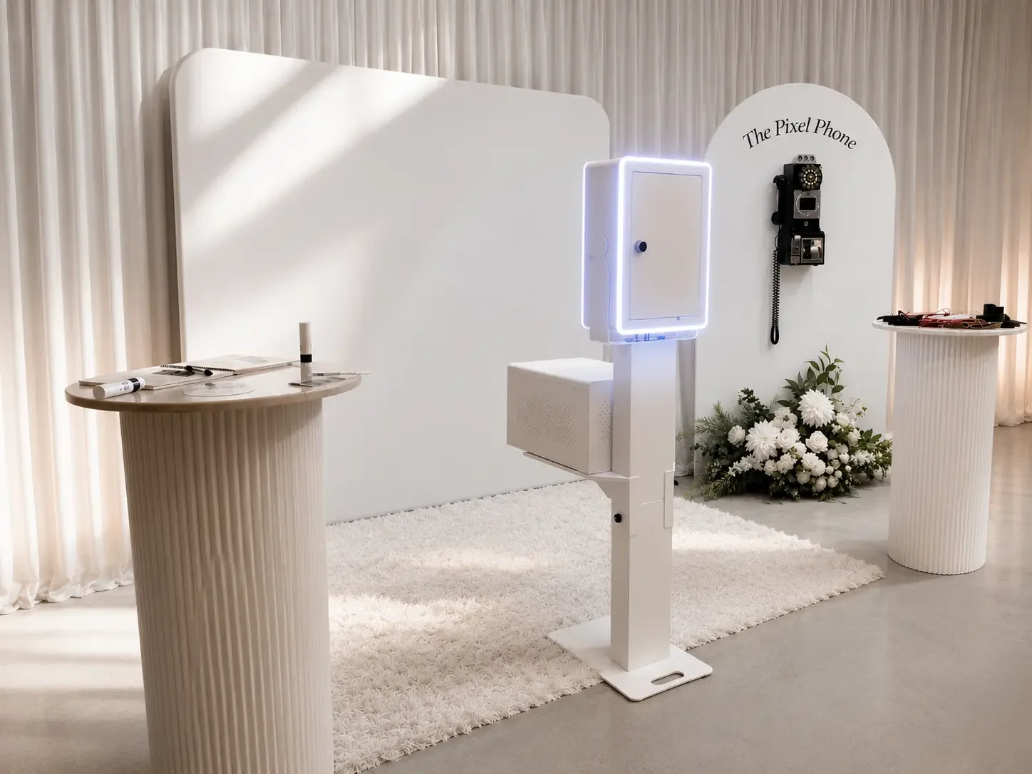 White Studio luxury wedding photo booth setup with white backdrop rug arch and plinths