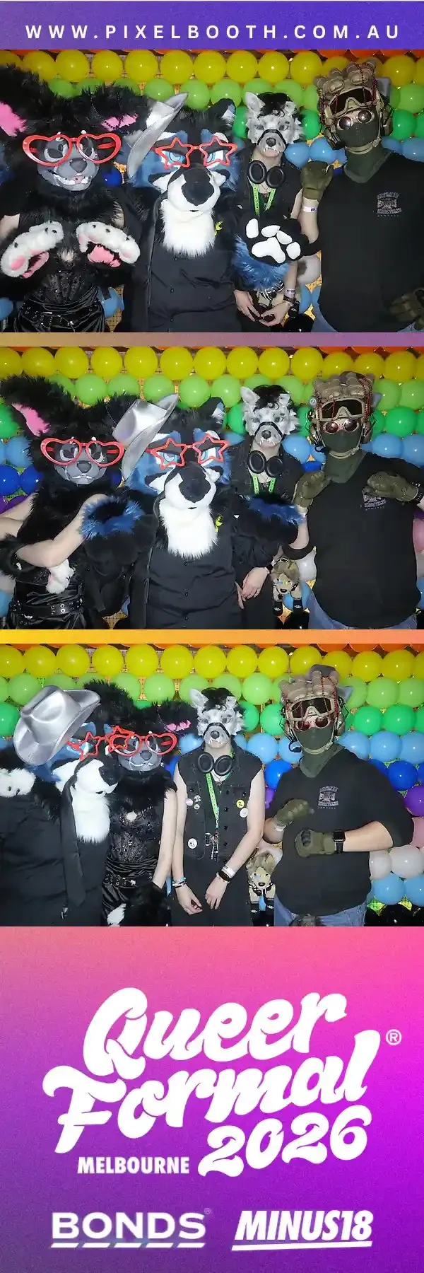 Bonds and Minus18 Queer Formal 2026 branded costume photo strip printed by Pixel Booth