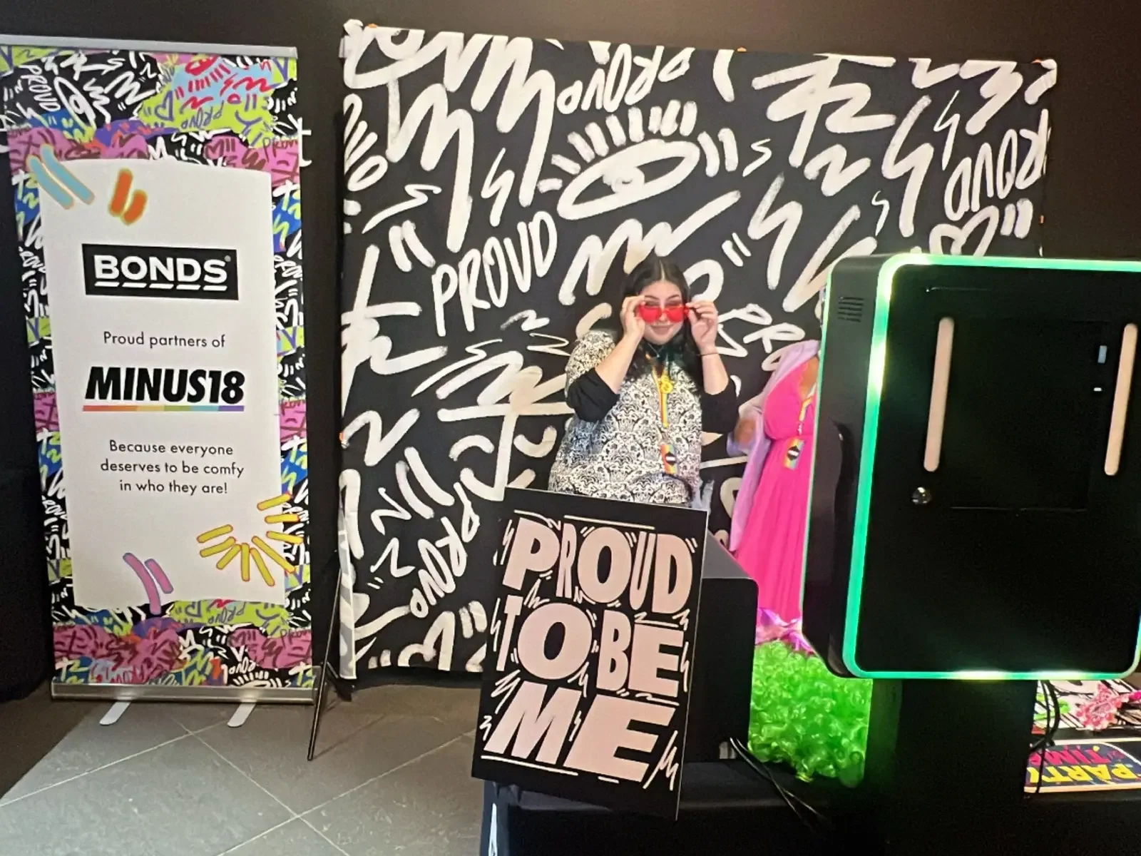 Custom branded stretch media backdrop used for the Bonds sponsored Minus18 Queer Formal photo booth