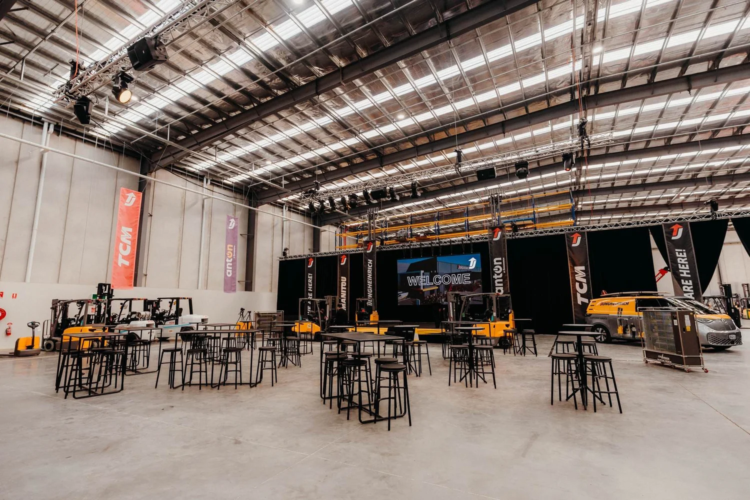 Wide warehouse venue view at the Jungheinrich Melbourne headquarters launch