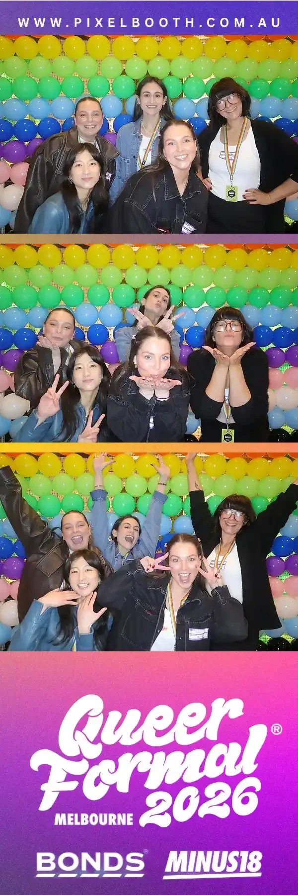 Bonds and Minus18 Queer Formal Melbourne 2026 team photo strip with Pride Balloon Wall