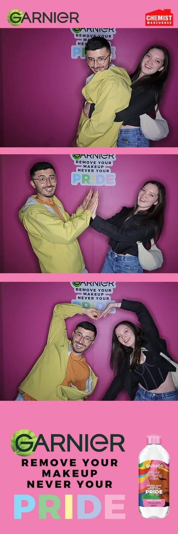 Vertical Garnier branded photo strip for LGBTIQA+ Pride event photo booth
