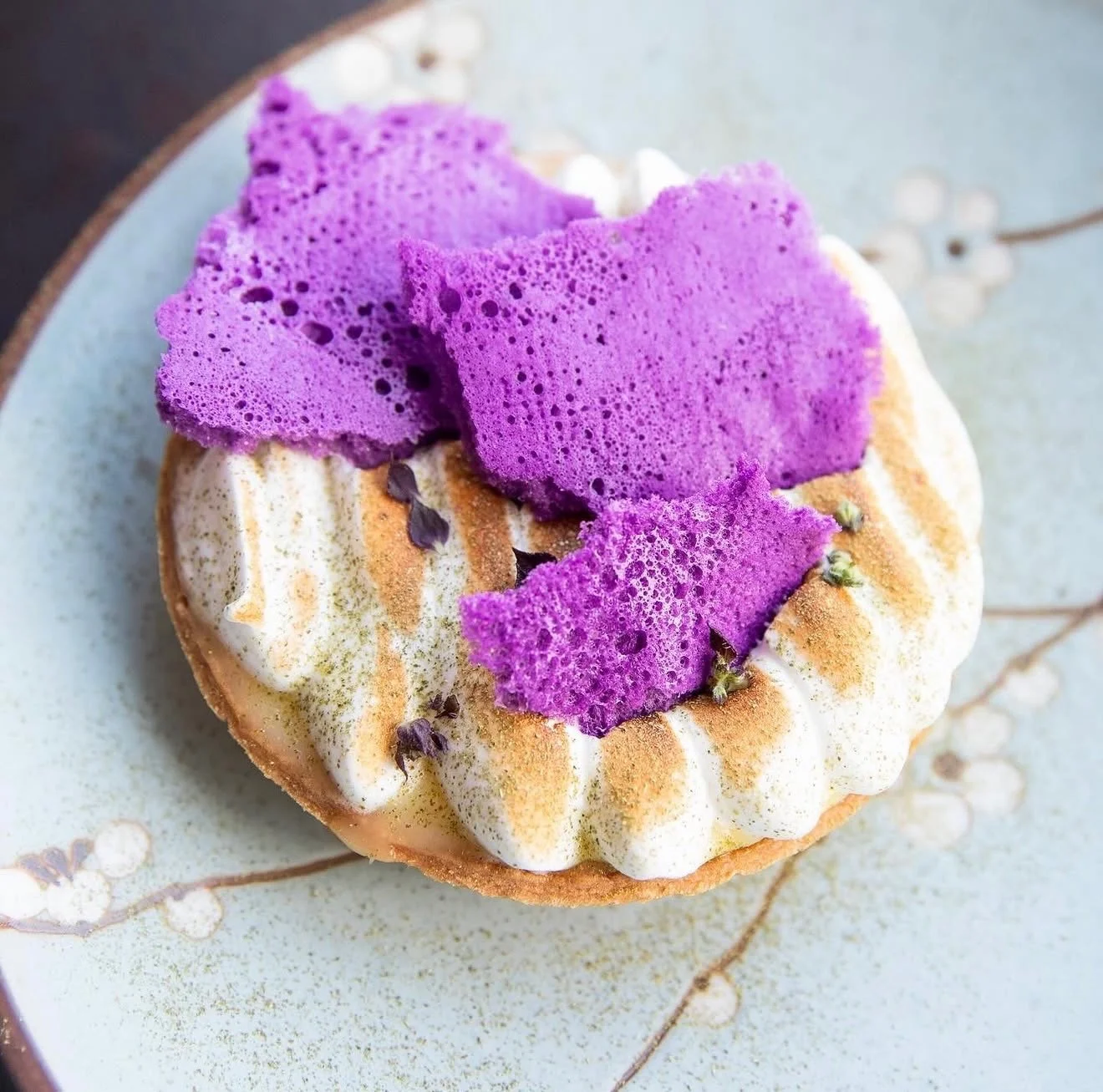 A tart with toasted white topping and bright purple sponge pieces.