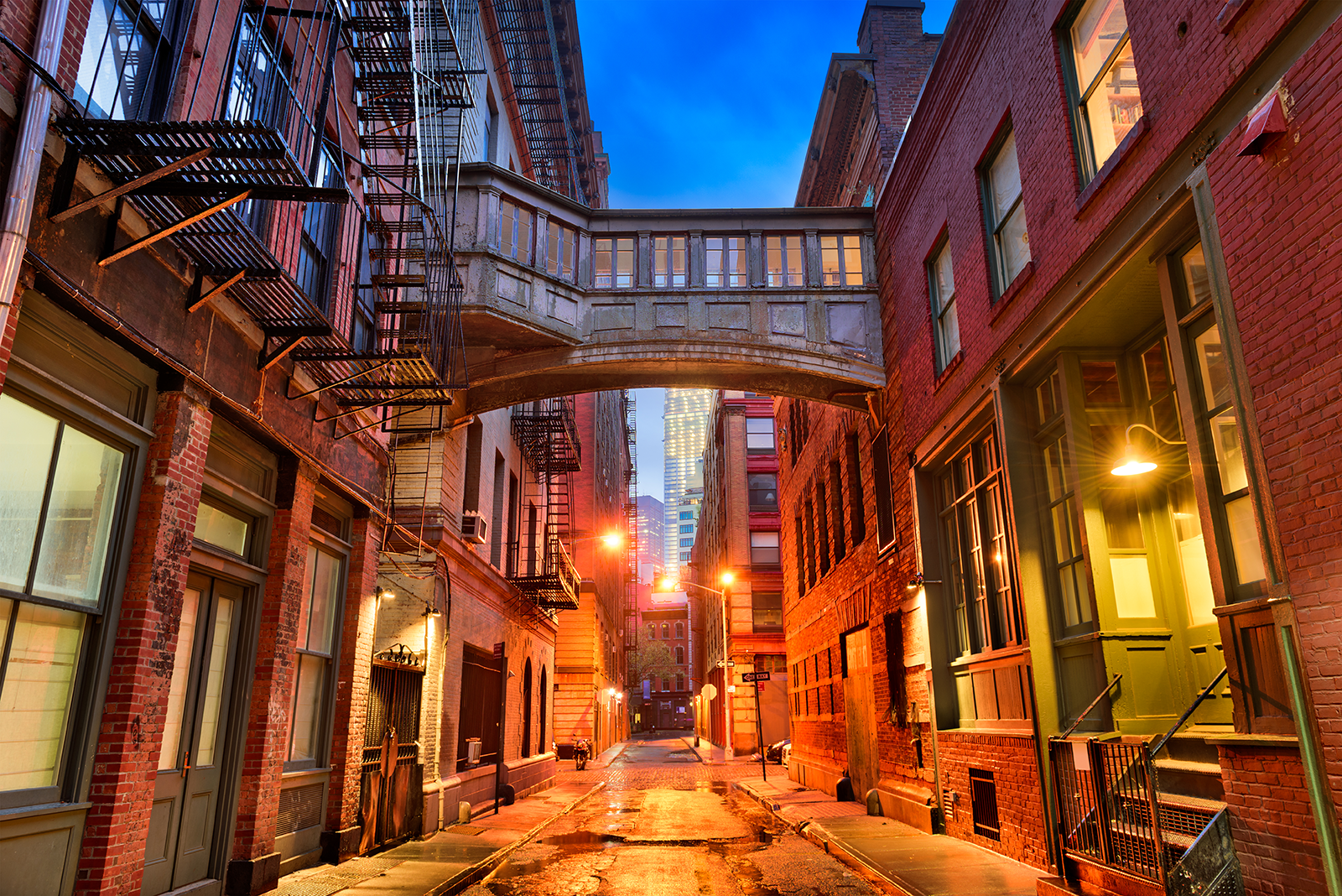 Tribeca alley with historic buildings in Lower Manhattan