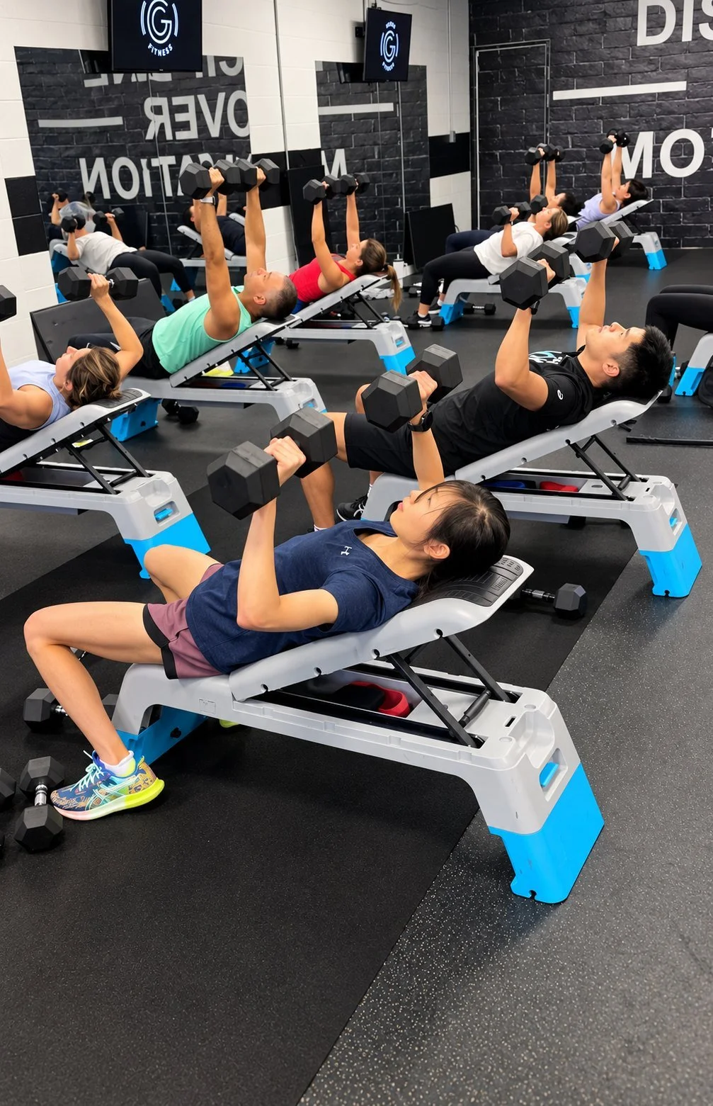 Members pressing dumbbells on benches in a small-group class at Inner G Fitness