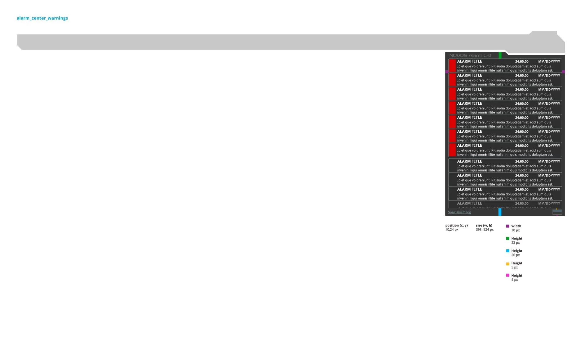 Alarm list panel spacing dimensions annotated in color