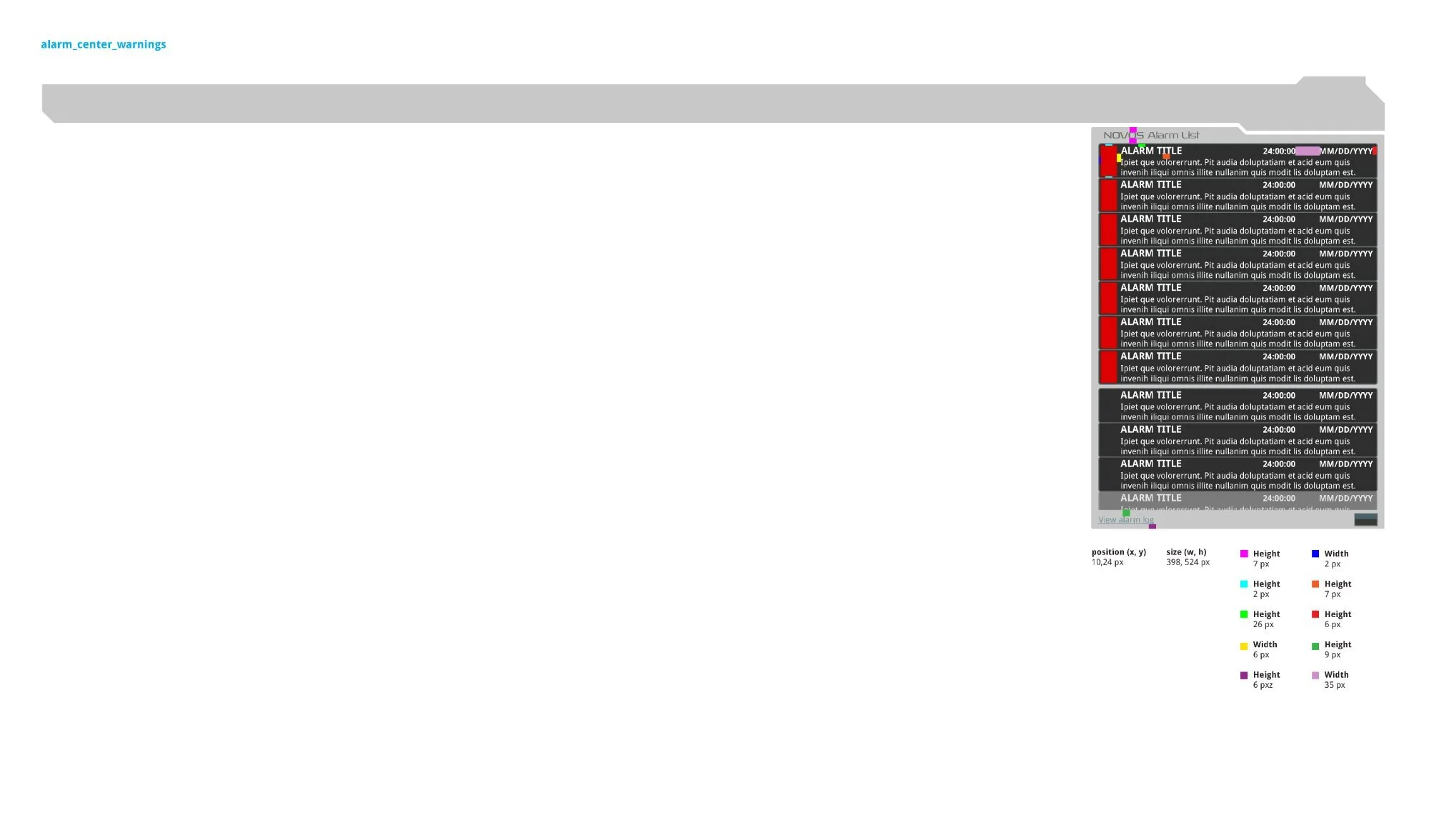 Alarm list detailed internal row-level dimension callouts