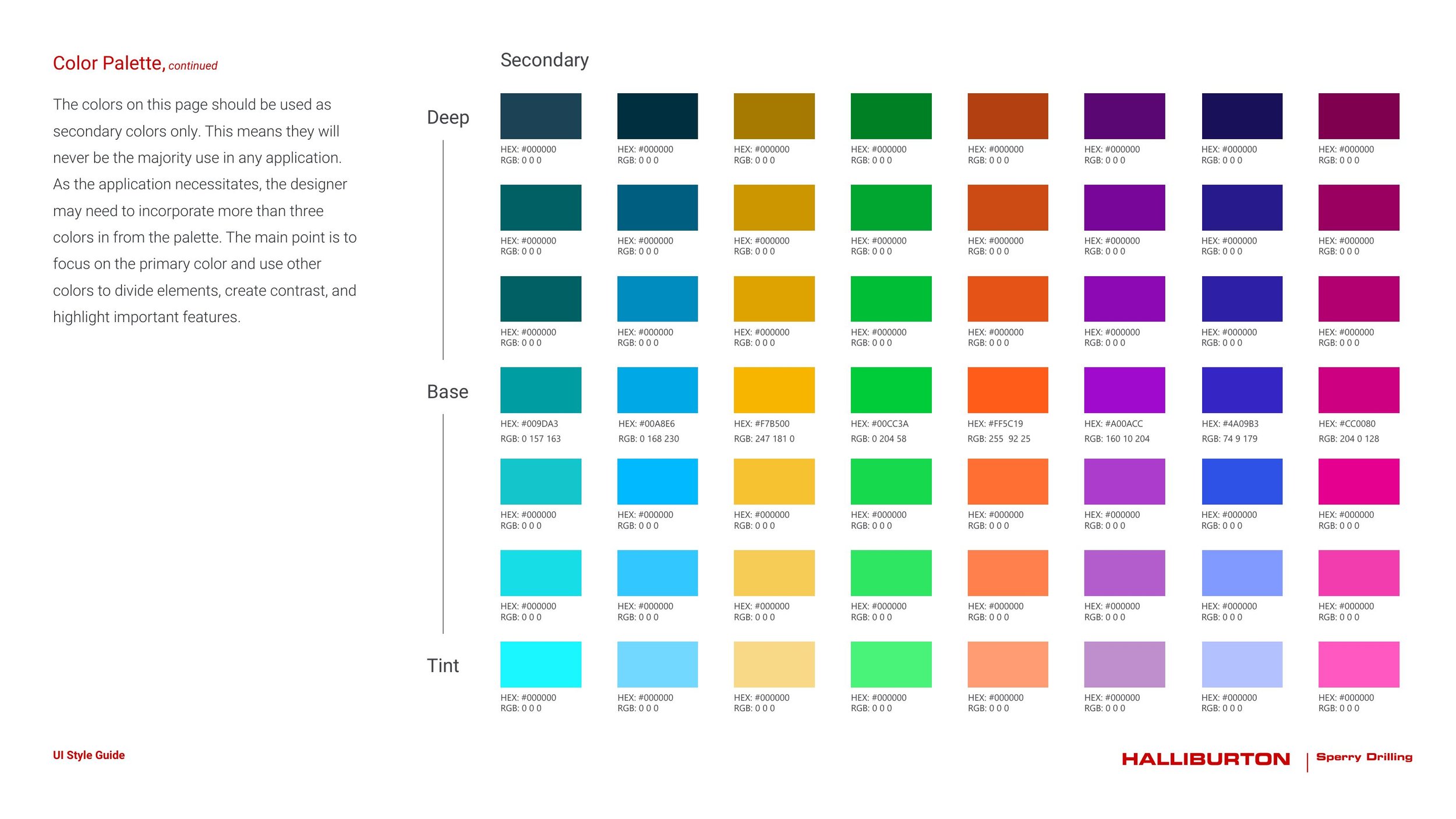 Secondary color palette — full deep / base / tint spectrum