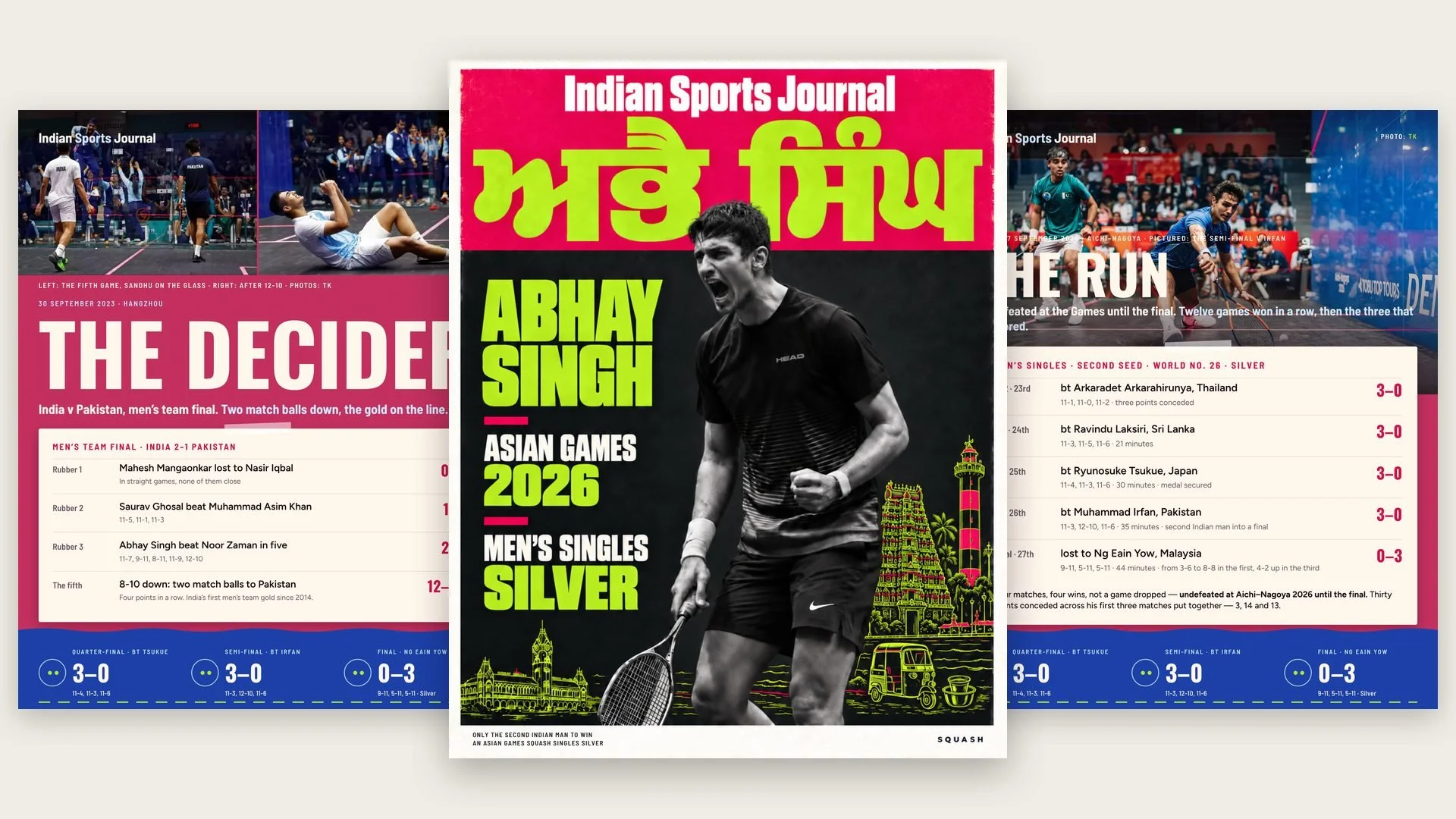 Three slides from ISJ's Asian Games profile of Abhay Singh