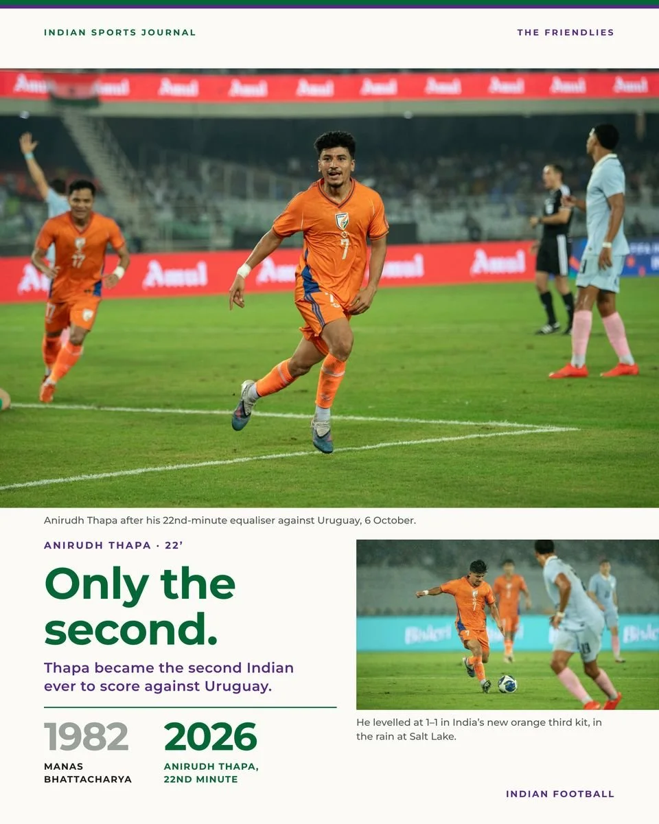 ISJ slide: Only the second, Anirudh Thapa celebrating his equaliser against Uruguay, with 1982 Manas Bhattacharya and 2026 Anirudh Thapa