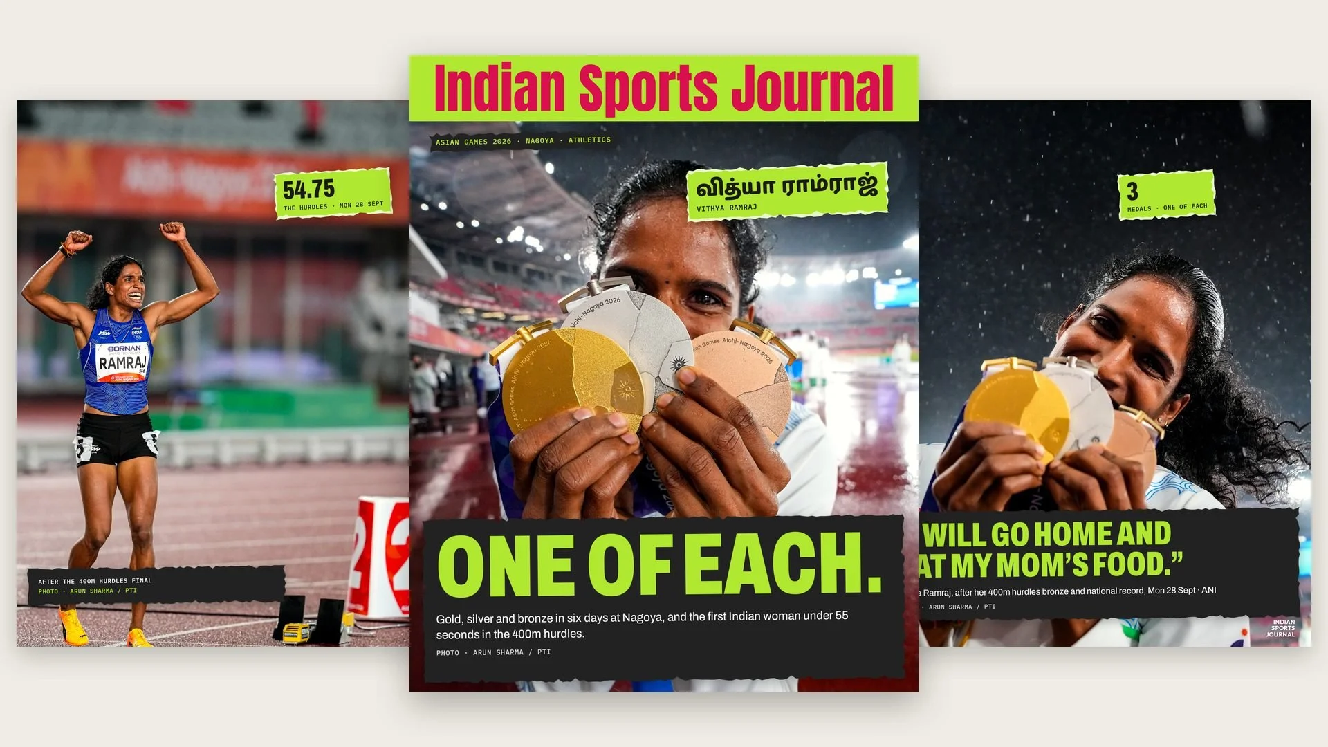 Three slides from ISJ's Asian Games profile of Vithya Ramraj