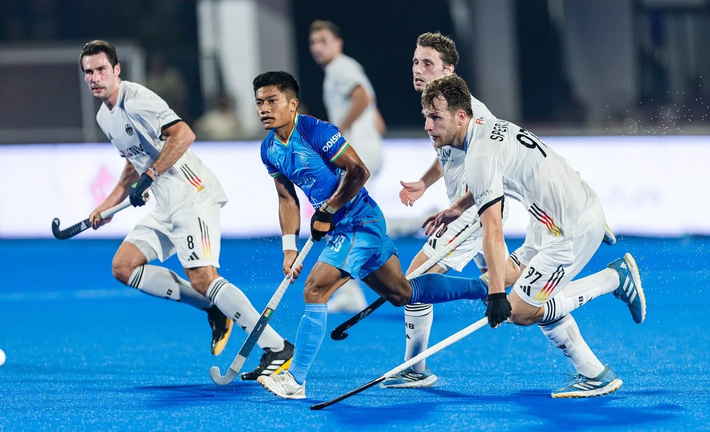 Nilakanta Sharma on the ball against Germany in the FIH Pro League