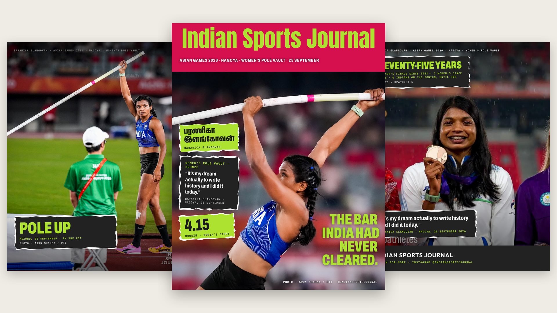 Three slides from ISJ's Asian Games profile of Baranica Elangovan