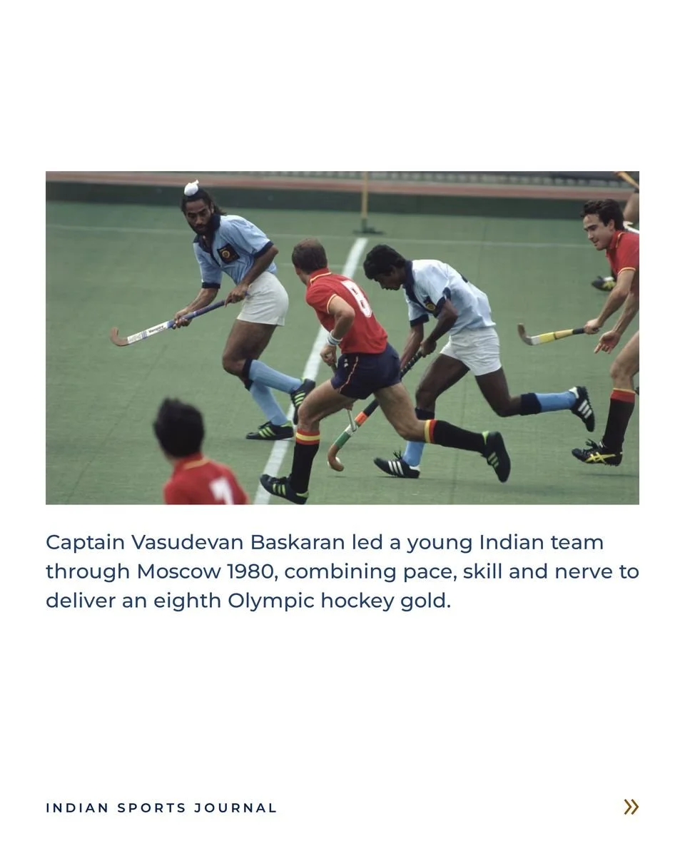 ISJ slide: India in light blue against a side in Spain’s red shirts and navy shorts on artificial turf, probably Moscow 1980