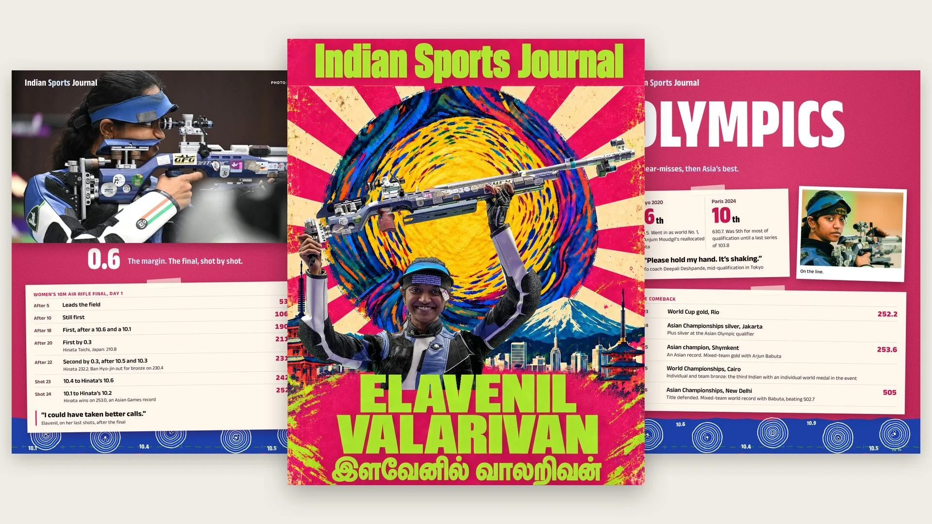 Three slides from ISJ's Asian Games profile of Elavenil Valarivan