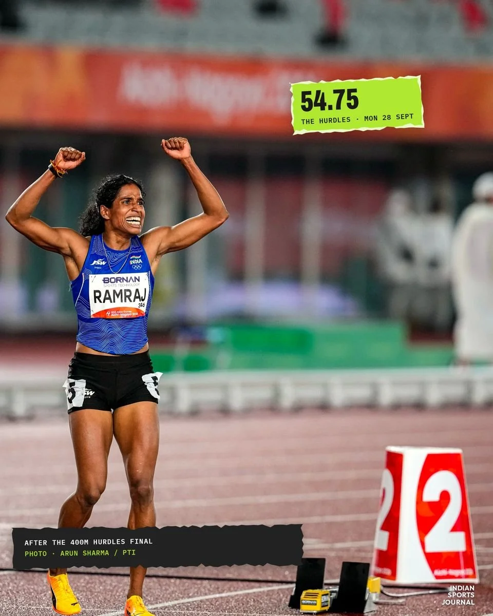 ISJ slide: Vithya Ramraj celebrating after the 400m hurdles final, with 54.75 on the slide