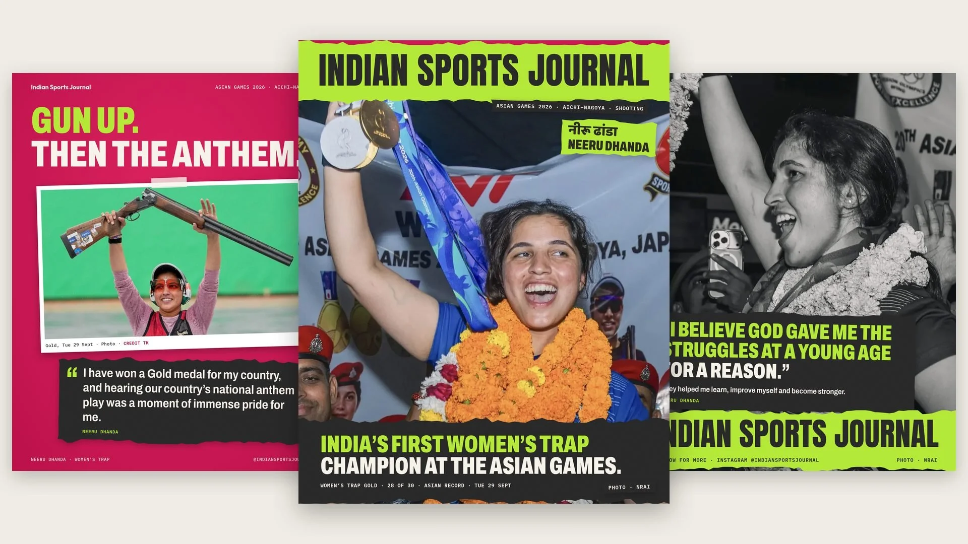 Three slides from ISJ's Asian Games profile of Neeru Dhanda