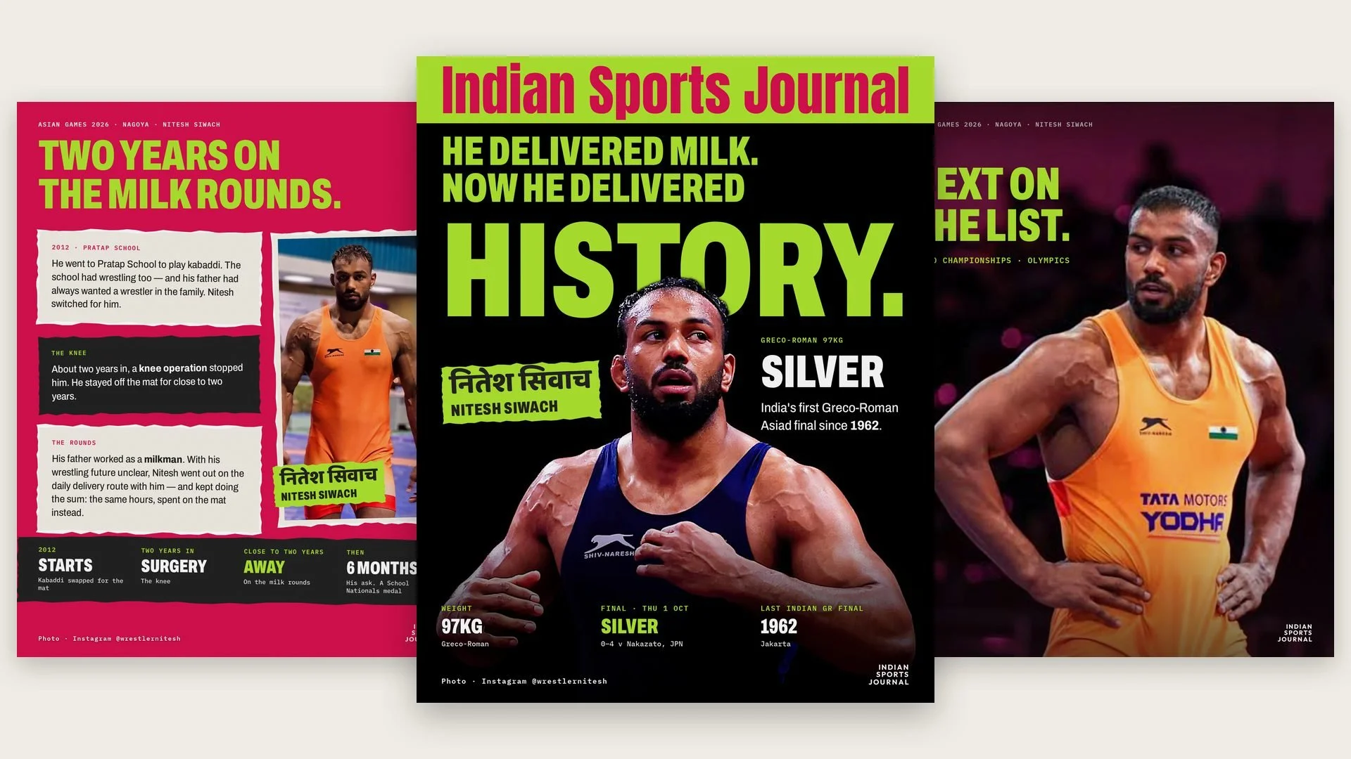 Three slides from ISJ's Asian Games profile of Nitesh Siwach