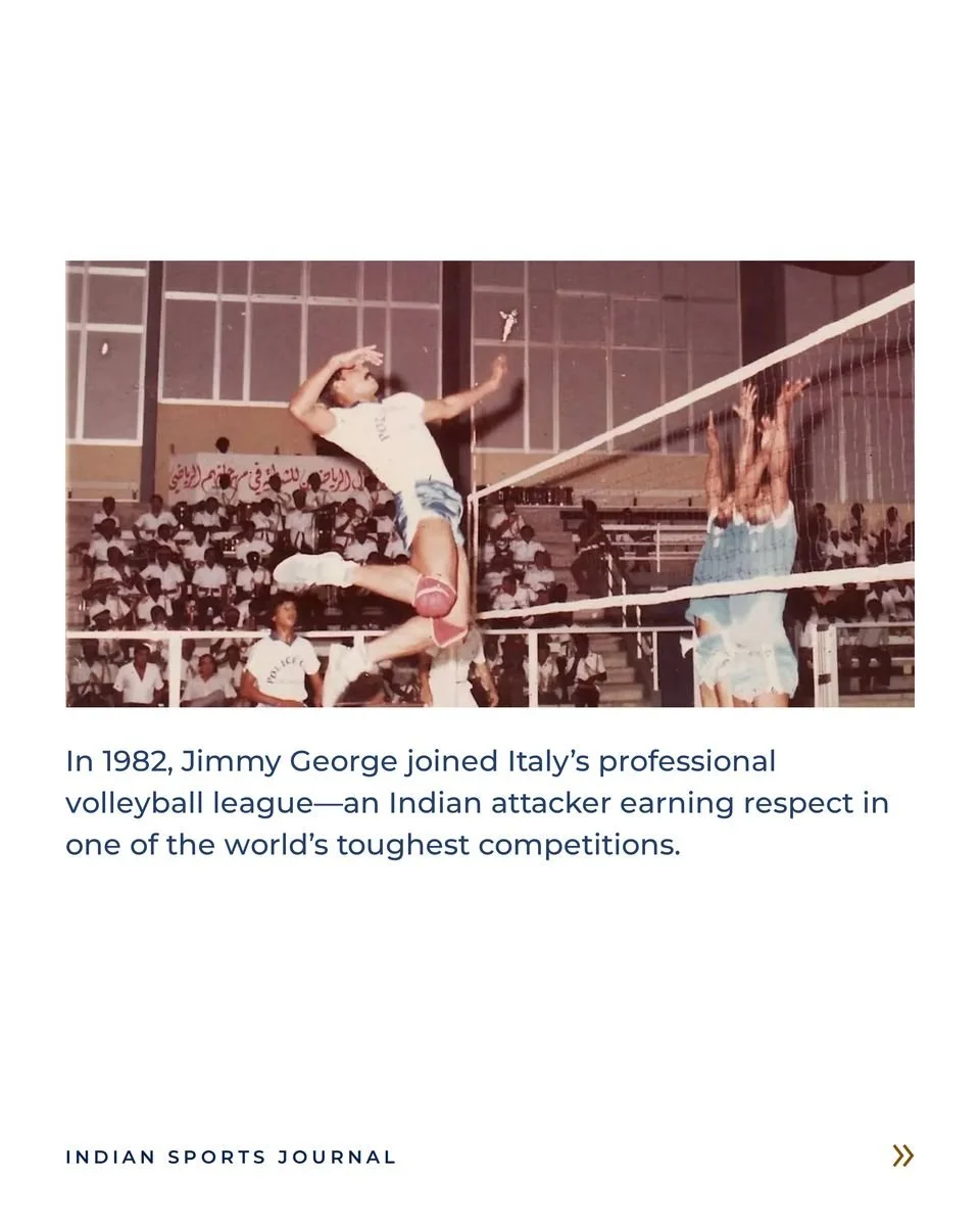 ISJ slide: Jimmy George spiking at the net in an indoor hall with an Arabic banner and Police-shirted spectators behind