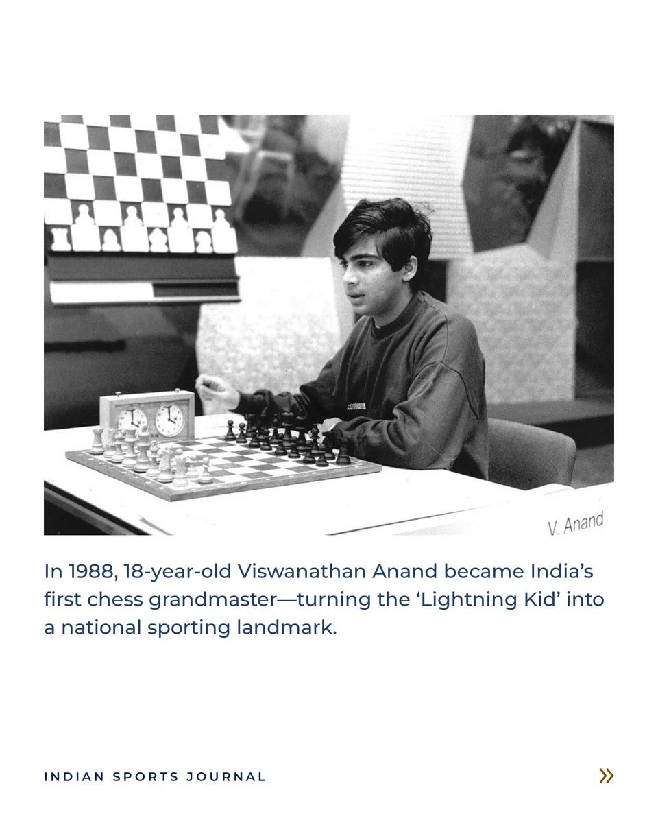 ISJ slide: a teenage Viswanathan Anand at a chessboard with a clock and a V. Anand name card