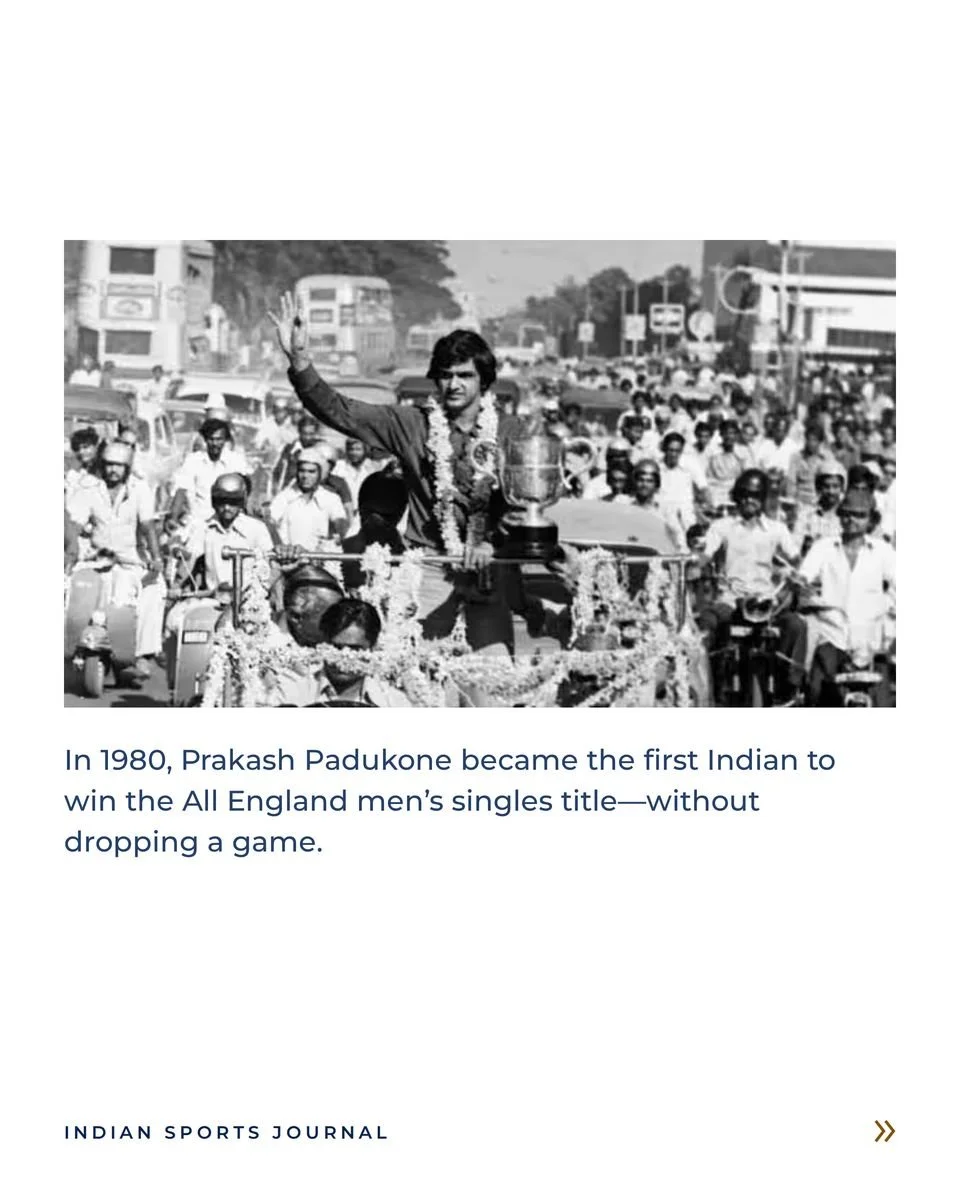 ISJ slide: Prakash Padukone garlanded in an open jeep in Bangalore after the 1980 All England, with the trophy and a crowd on scooters behind