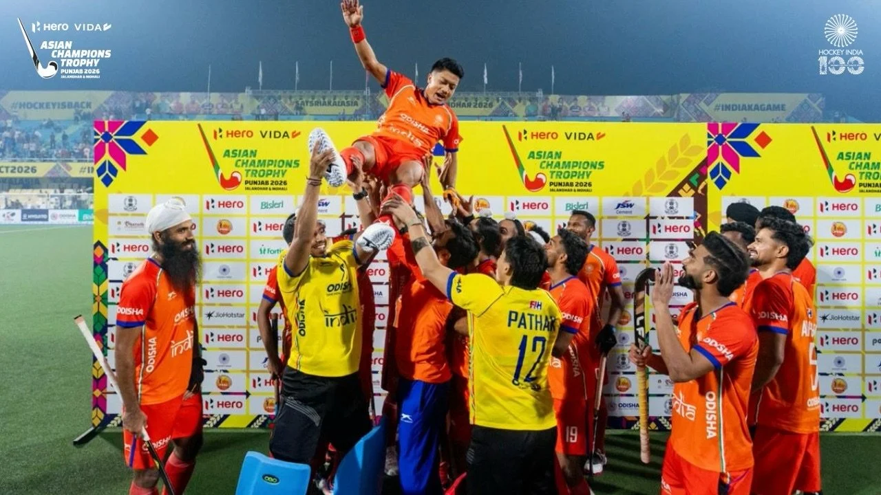 Nilakanta Sharma is lifted by his India teammates after the Asian Champions Trophy opener in Jalandhar