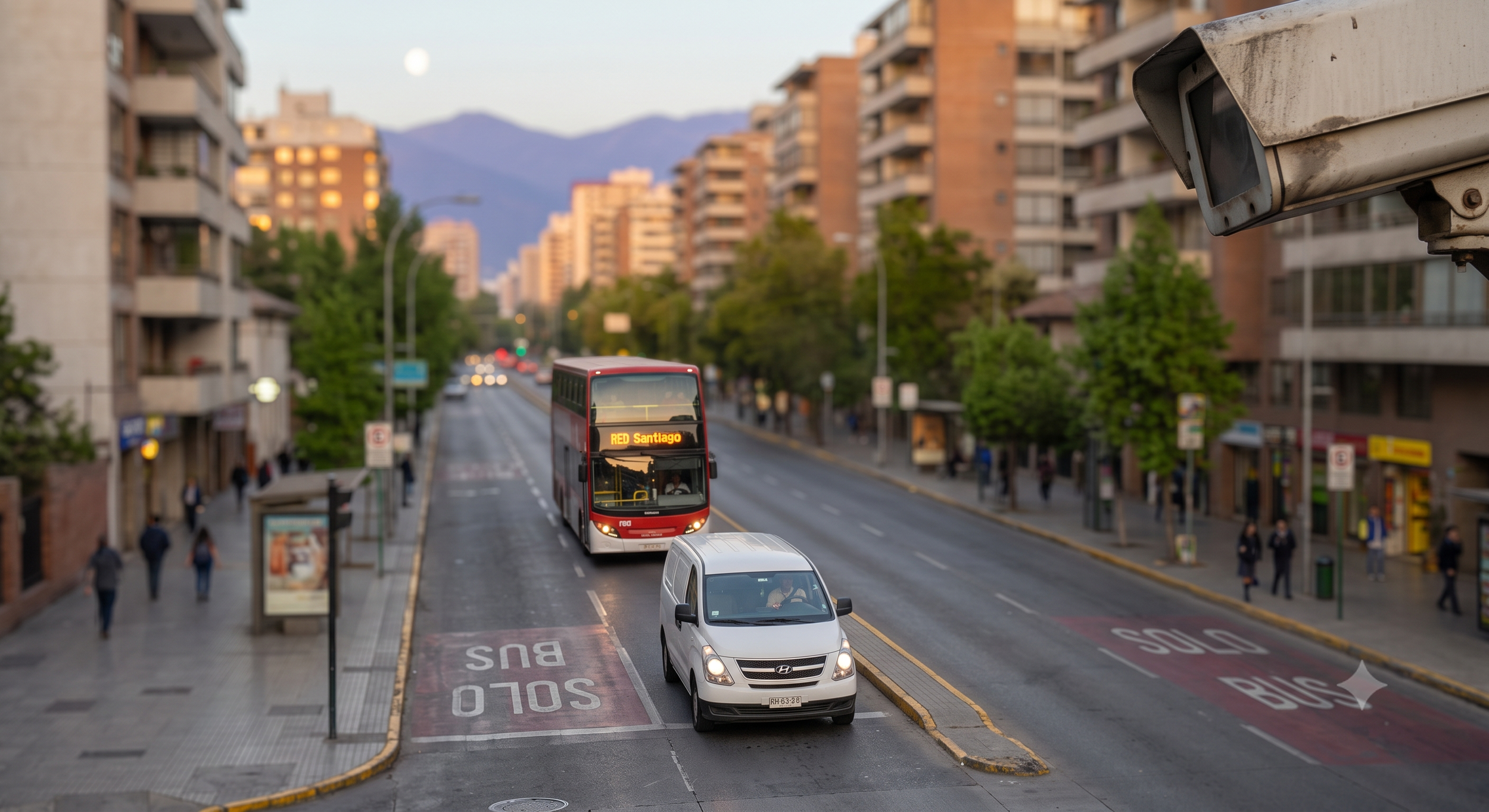 Vehículo de reparto de flota circulando en vía exclusiva en Chile, con un bus del transporte público detrás