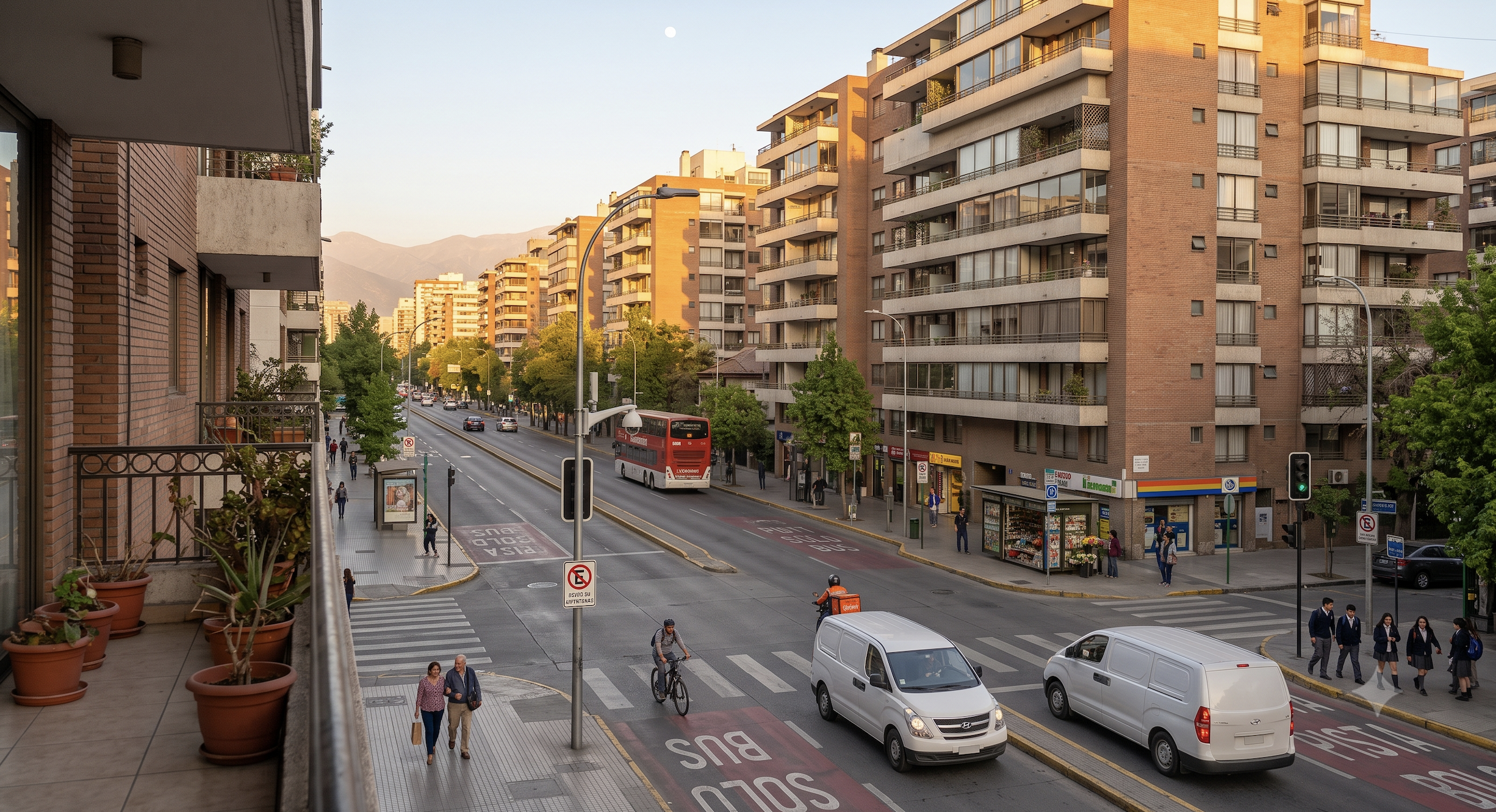 Calle del centro de Santiago con vehículos de reparto circulando entre vías exclusivas