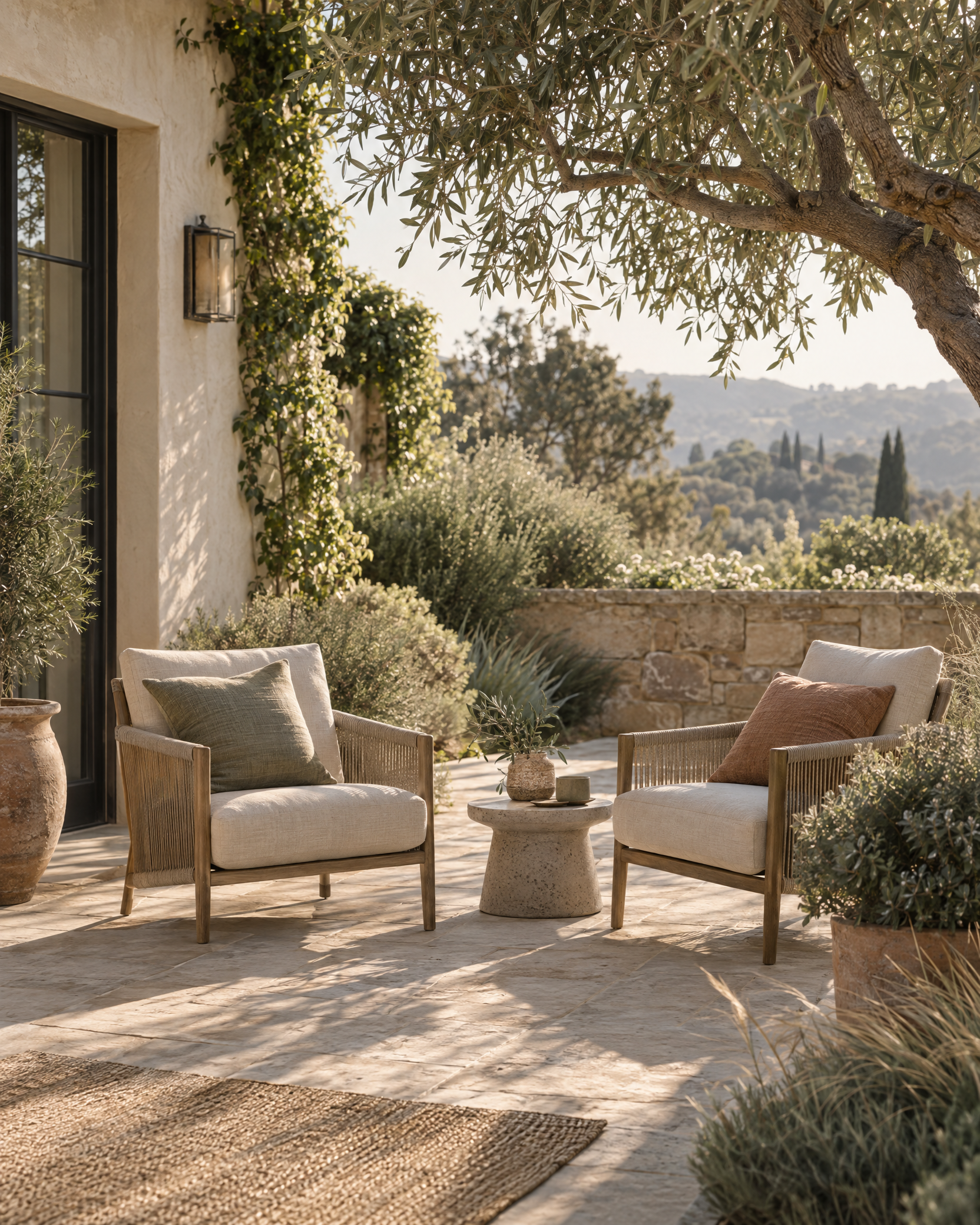 Two linen chairs beneath olive branches in a quiet sunlit garden