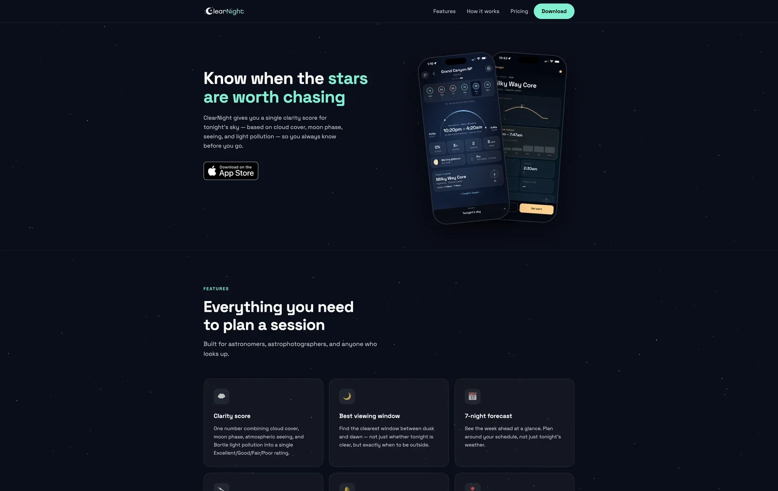 The live ClearNight marketing site — clearnightapp.com