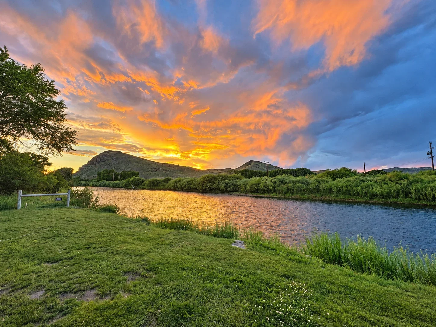 Orange sunset clouds reflected in the Rio Grande beside a grassy riverbank.
