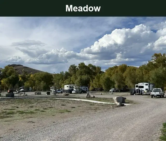 Meadow RV sites with parked RVs, gravel drives, trees and mountain views at Woods and River RV Park.