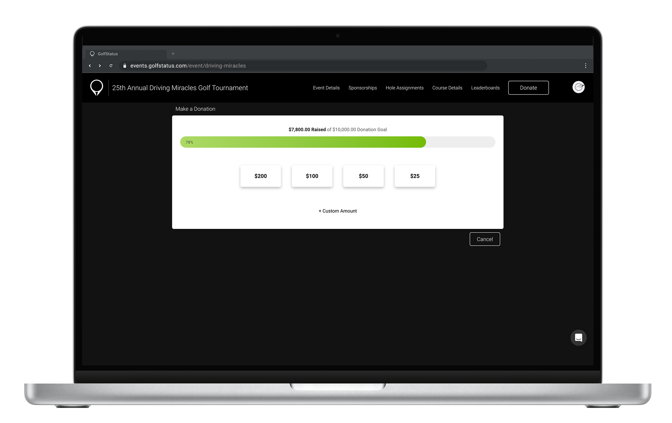 A laptop showing a donation progress bar and custom donation amounts