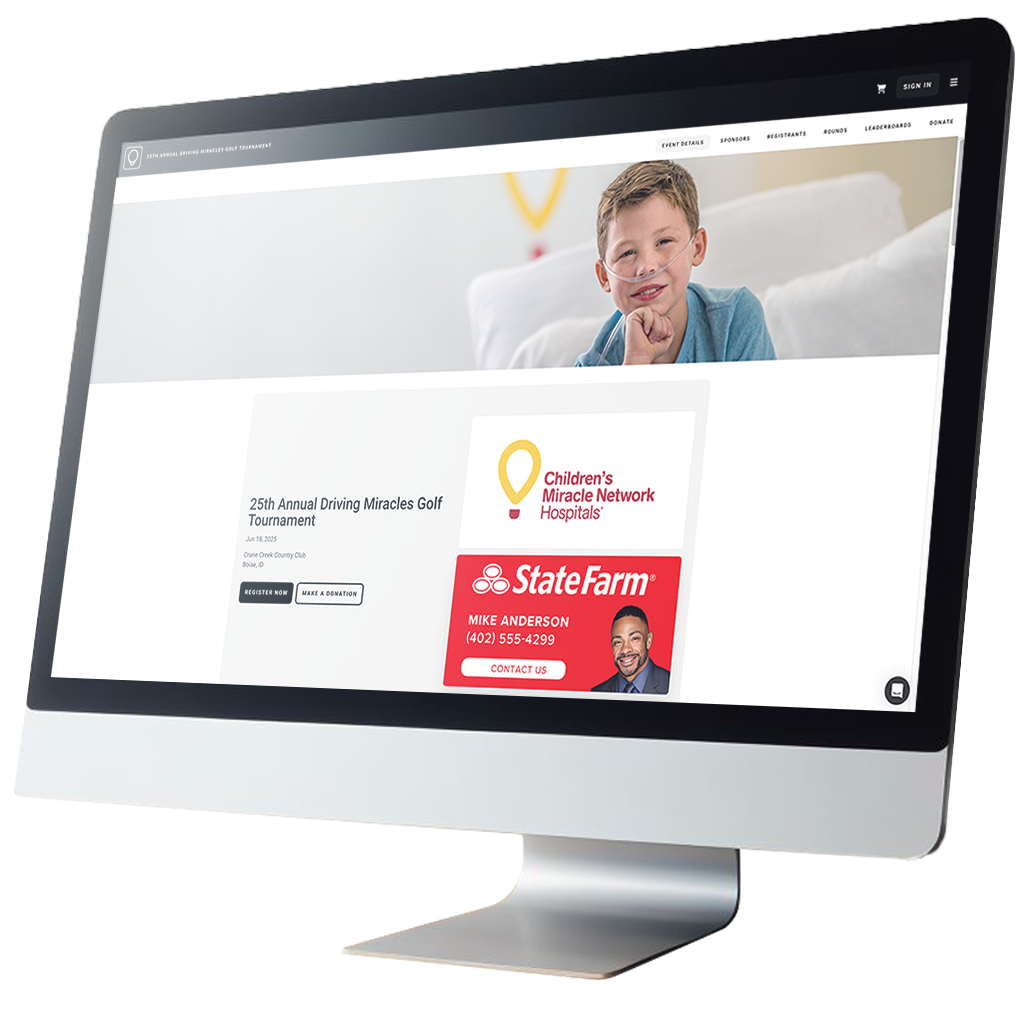 A computer screen showing an event website for a Children's Miracle Network golf fundraiser