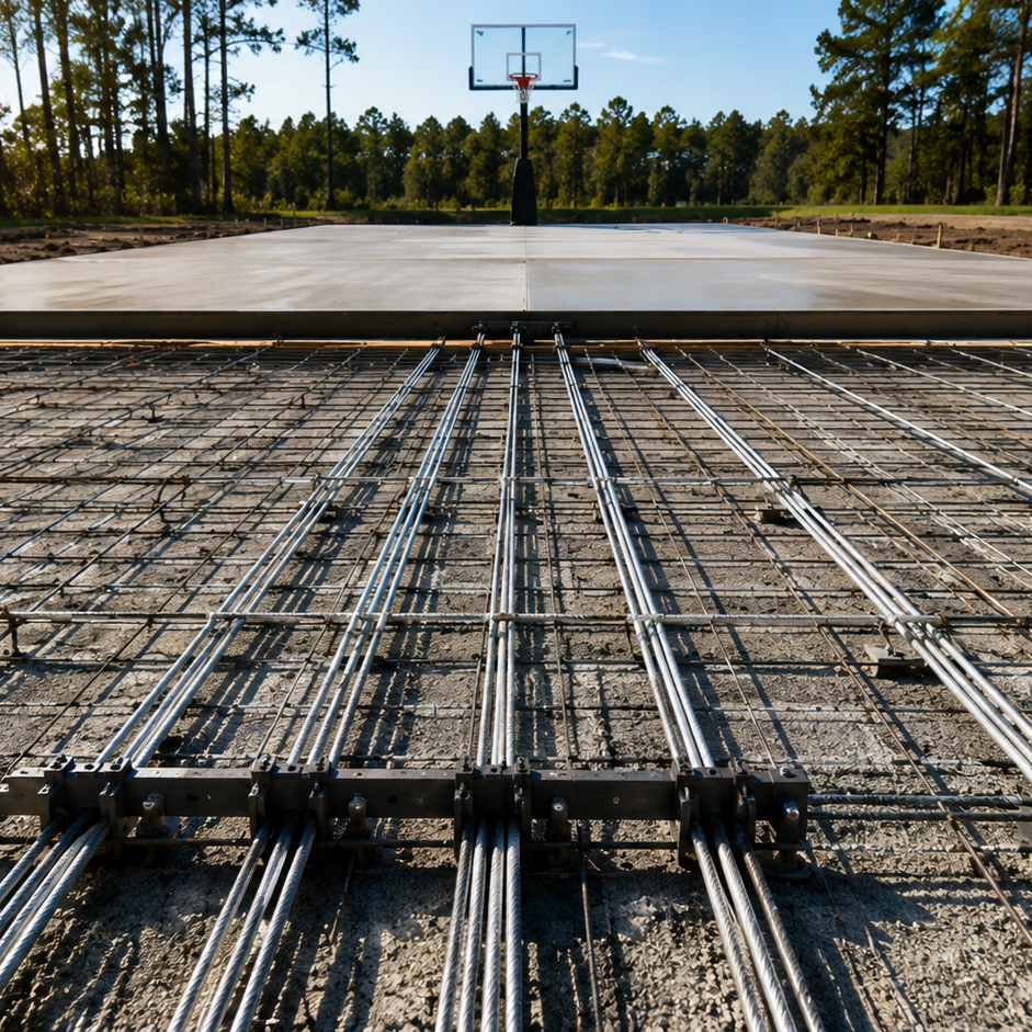 post-tensioned concrete court with steel cables cracks