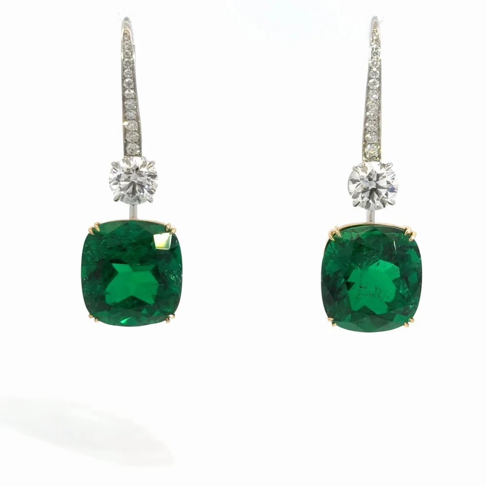 Pair of cushion emerald and diamond drop earrings, IMP26-012