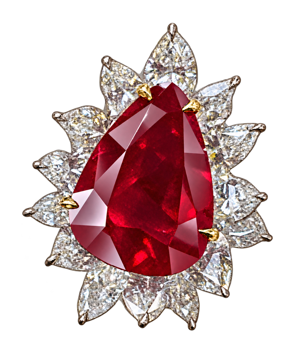 Pear ruby ring with diamond framing, IMP26-008