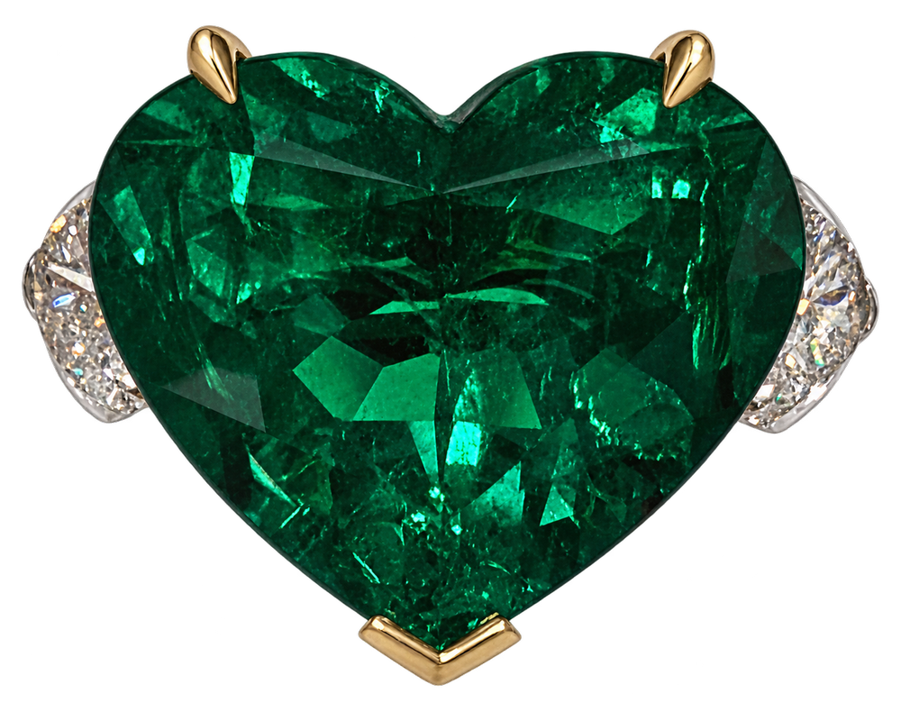 Heart emerald ring with two heart diamonds, IMP26-006
