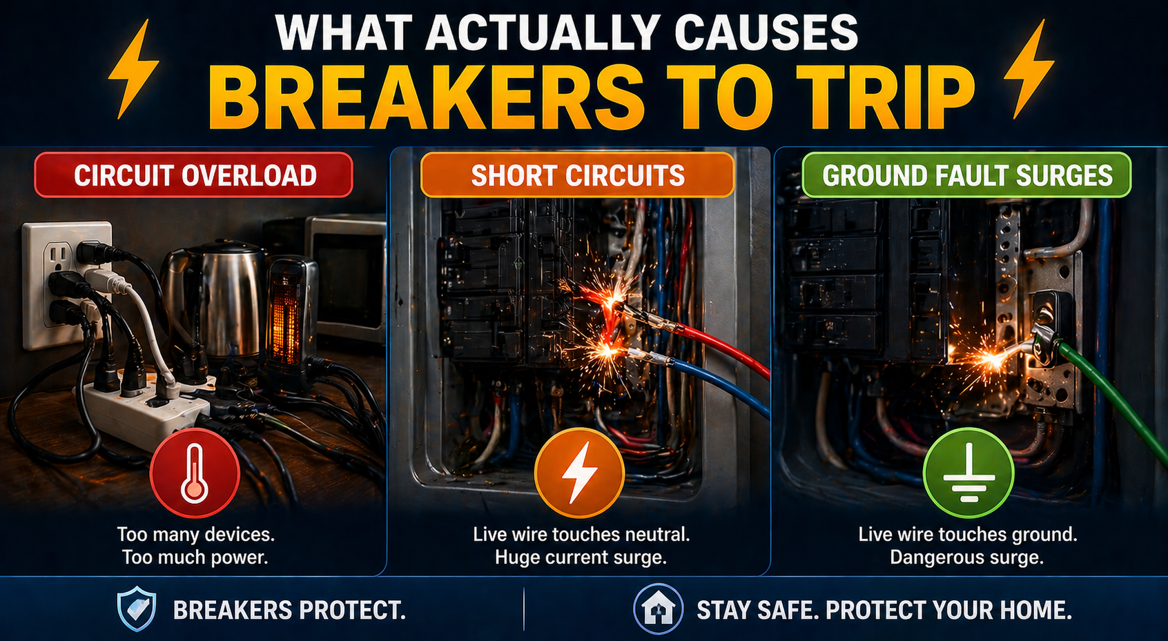 What actually causes circuit breakers to trip — overload, short circuit, and ground fault explained by Kato Electrical Vancouver