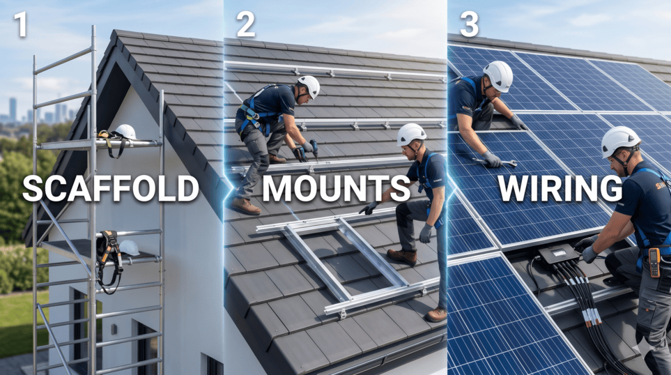 The solar panel installation process — scaffolding, mounts, panels, wiring and grid connection steps explained by Kato Electrical Vancouver