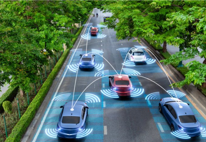 Autonomous vehicles navigating a road, showcasing advanced technology in transportation and mobility.